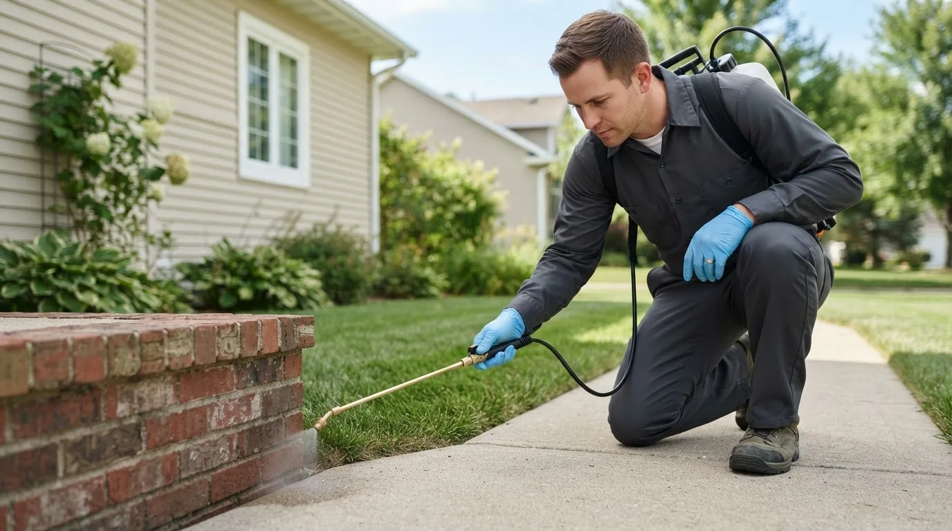 Pest control technician treating a home near Pekin, IL