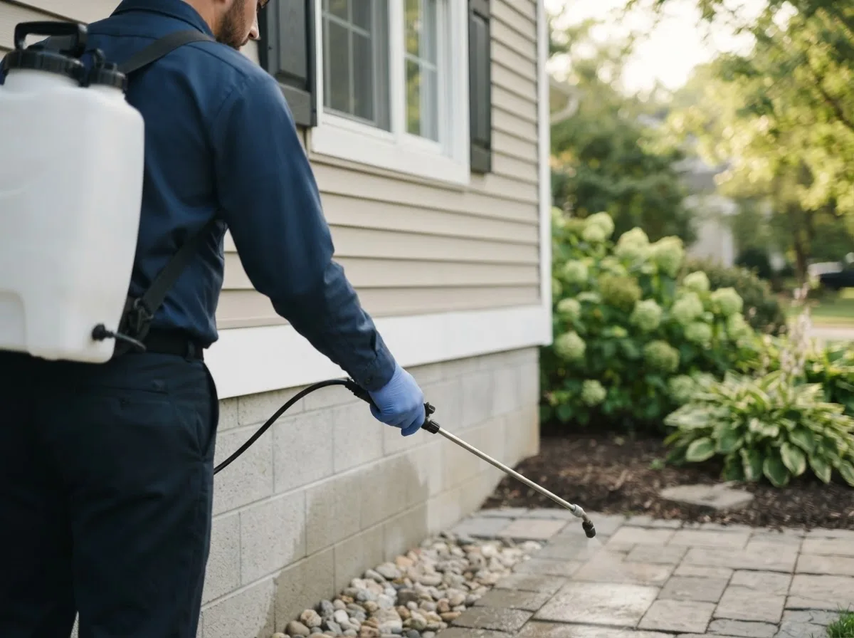Pest control technician inspecting a home in Pekin, IL